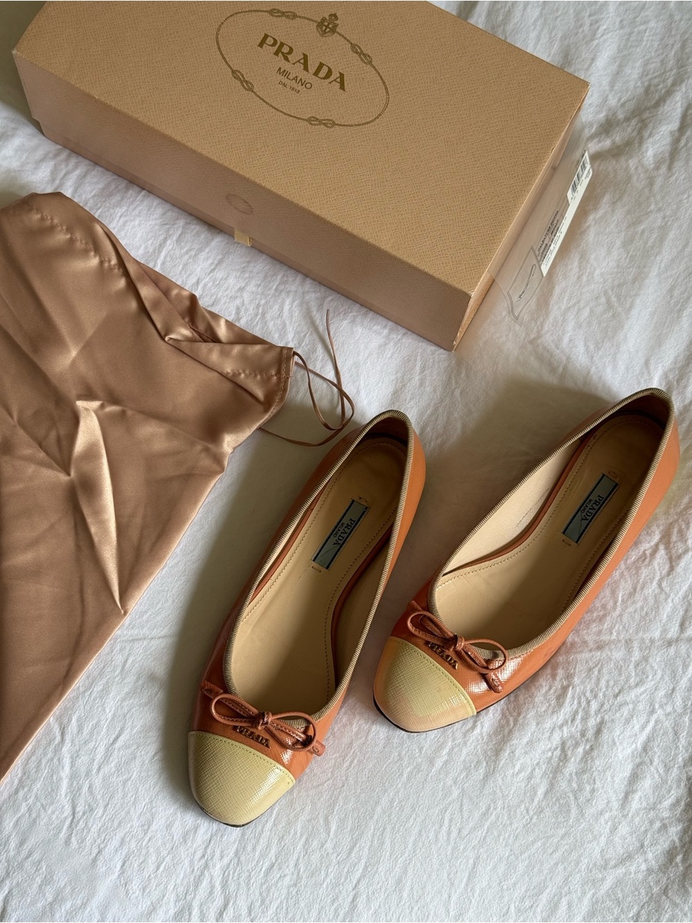 Prada Two-Tone Leather Ballet Flats in Caramel/Orange and cream, size 36.5